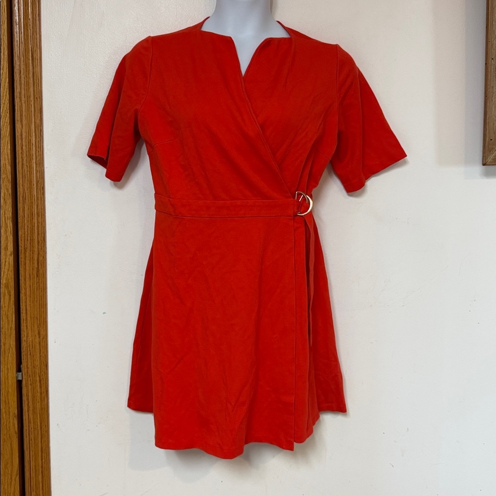 Yumi Viscose Knit Wrap Around A-Line Stretchy Red Above Knee T-Shirt Day Dress